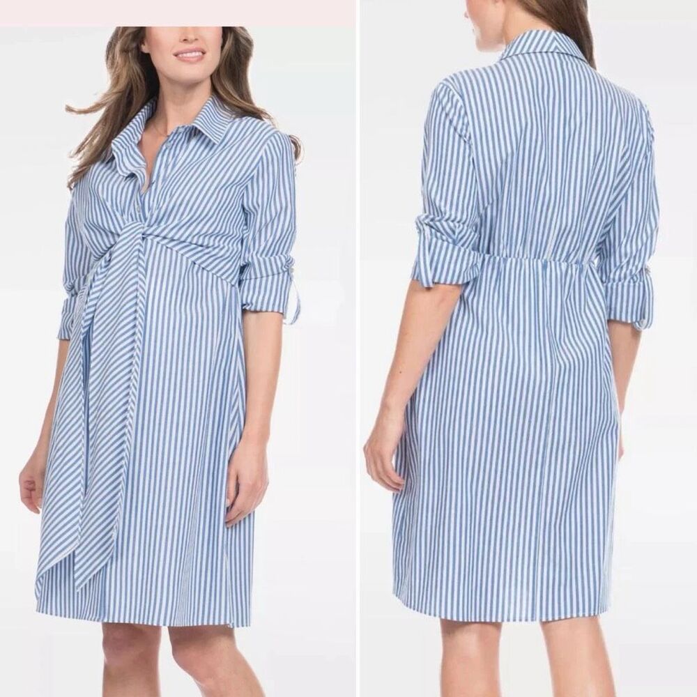 SERAPHINE Ariadne Midi Wrap Blue Stripe Nursing Shirt Dress-6